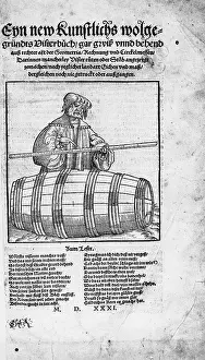 Xylography: Gauger measuring a barrel