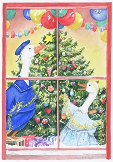 Elspeth: Two geese decorating Christmas tree