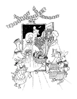 Elspeth: Geese at front door with presents and basket