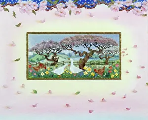 Nots: Geese in spring meadow with hens and trees