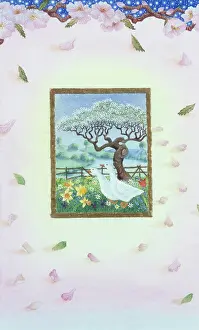 Nots: Geese in spring meadow with tree in blossom
