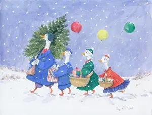 Elspeth: Four geese walking along in the snow