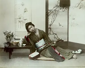 Shamisen: Geisha with shamisen, Japan