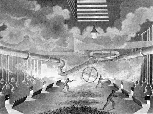 Retorts: General view of a gas works, showing retorts being