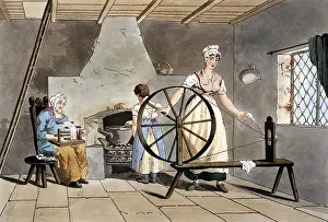 Generations: Three generations of women. Cottager spinning