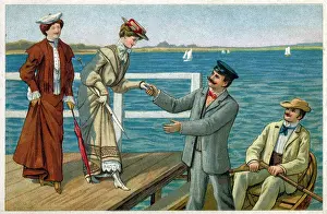 Oarsman: Gentleman assists a lady to board a small rowing boat