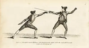 Armes: Gentleman fencers in thrust and guard positions