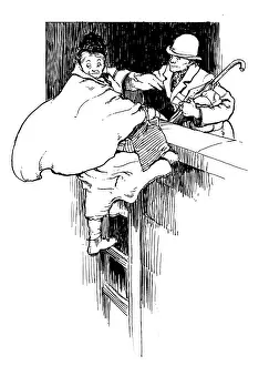 Chivalrous: A gentleman helps an old lady up a ladder and over a wall