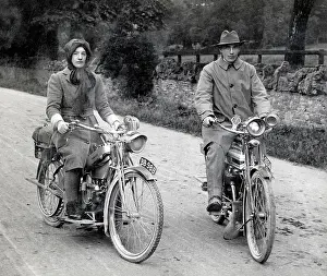Automobilia: Gentleman & lady posed on their 1910 motorcycles