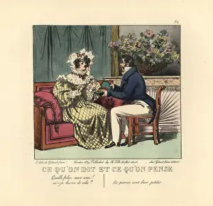 Flattery: Gentleman presenting a lady with a necklace in a parlor