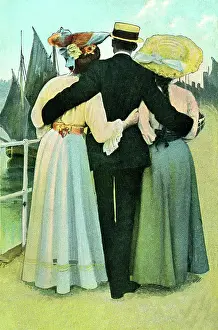 Strolling: Gentleman strolling by the seafront with two women