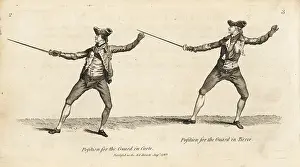 Armes: Gentlemen fencers in guard positions