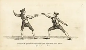 Armes: Gentlemen fencers in guard and thrust positions
