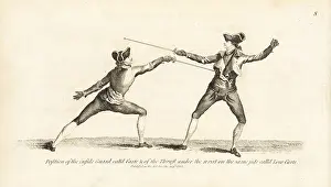 Armes: Gentlemen fencers in guard and thrust positions
