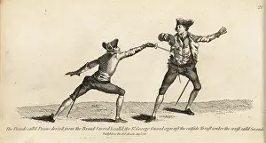 Armes: Gentlemen fencers in Prime parry and Seconde thrust