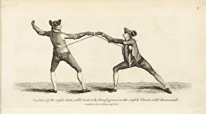 Armes: Gentlemen fencers in thrust and guard positions