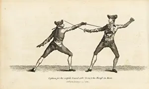 Armes: Gentlemen fencers in Tierce guard and thrust position