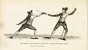 Armes: Gentlemen fencers in Tierce parry and thrust positions