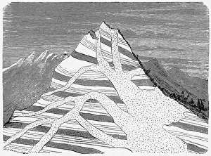 Gneiss: geology, rock, cross section of a mountain showing