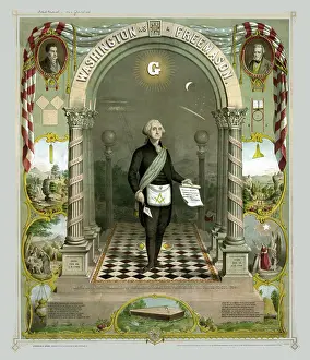 Freemasons: George Washington as a freemason, holding scroll and trowel