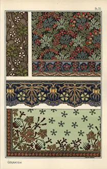 Grassets: Geranium motif in wallpaper, border and fabric patterns