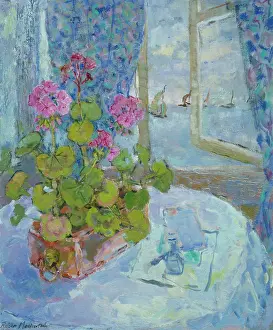 Geraniums: Geraniums by the Sea ' with open window