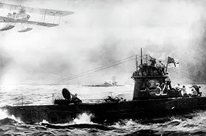 Berger: German airplanes attack a British submarine, 1918
