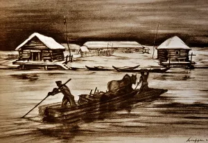 Kunst: German army ferrying supplies across a river in
