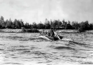 Transition: German assault boat crosses the Dnieper River, 1941