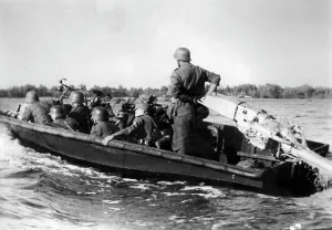 Transition: German assault boat crosses the Dnieper River, 1941