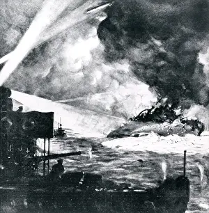 Searchlight: German battleship sinking at night, WW1