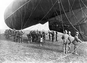 Ascend: German captive balloon is made ready for ascension in 1915