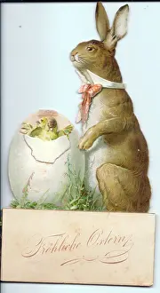 Eggshells: German Easter card with rabbit and hatching chicks