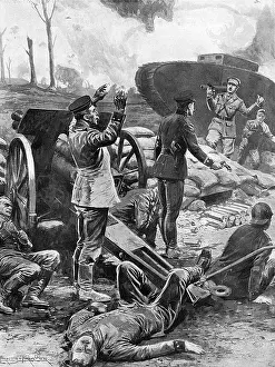 Messines: German gun crew surrender to a tank at Messines, WW1