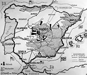 Arrows: German map of Spain with front lines, March 1937