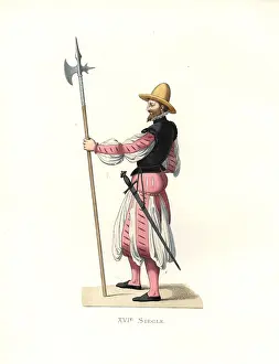 Duplessiss: German mercenary, 16th century, carrying a sword and halberd
