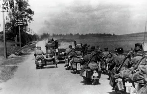 Toward: German motorcycle infantry on the advance on the Eastern