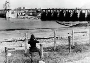 Dnieper: German officer before blasted dam on the Dnieper, 1941