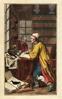 Buffon: German ornithologist in his study, 18th century