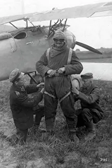 Albatros: German pilot adjusting his parachute, 1918