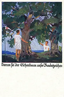 Covenant: German postcard, two male athletes under oak tree