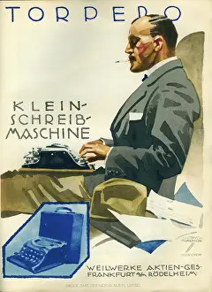 Typing: A German poster advertising the Torpedo typewriter