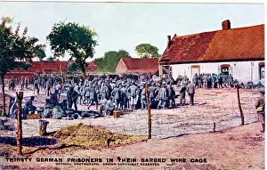 Pows: German prisoners in barbed wire cage, WW1