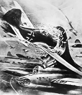 Crashes: German pursuit plane attacks and American bomber, 1944