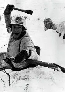 Portion: A German soldier throws hand grenade on the eastern front
