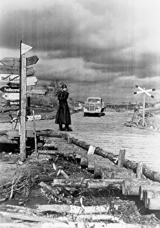 Morass: German soldier on a wooden bridge on the Eastern Front, 1943