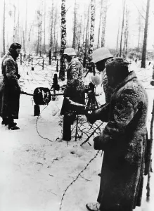 Fortifications: German soldiers lay wire on the eastern front, 1942