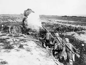 Throwers: German soldiers train for an attack with flame throwers, 191