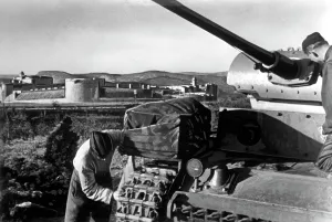 Retouch: German tanks in front of the Chateau de Salses