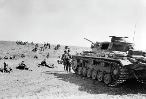 Fortifications: German tanks and infantry in assembly position, 1942